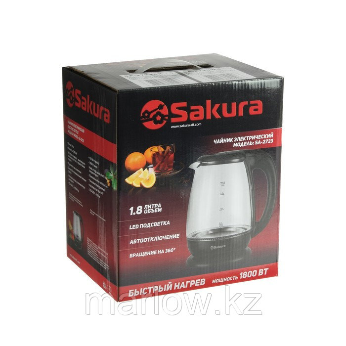 Чайник электрический Sakura SA-2723WG, стекло, 1.8 л, 1800 Вт, подсветка, белый - фото 6 - id-p111434665