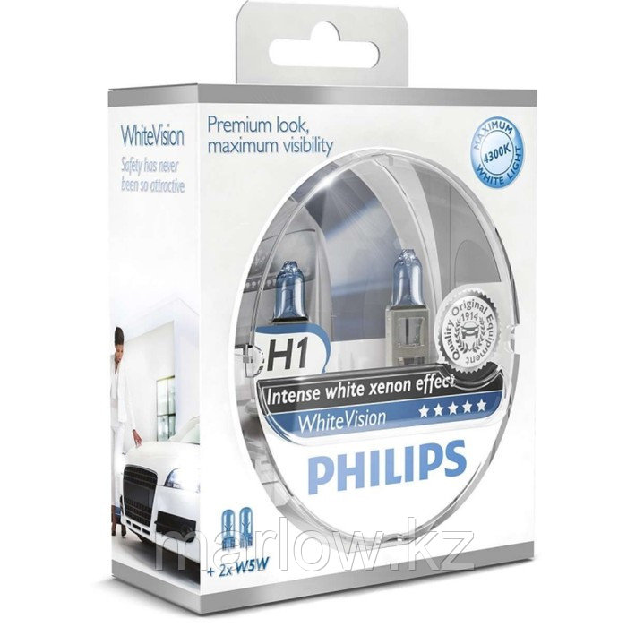 Лампа Philips White Vision, H1, 12 В, 55 Вт, +W5W 12V-5W (W2,1x9,5d), набор 2 шт, 12258WHVSM 46565 ... - фото 1 - id-p111428179