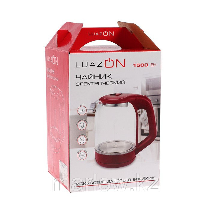 Чайник электрический LuazON LSK-1809, стекло, 1.8 л, 1500 Вт, подсветка, красный - фото 8 - id-p111433979