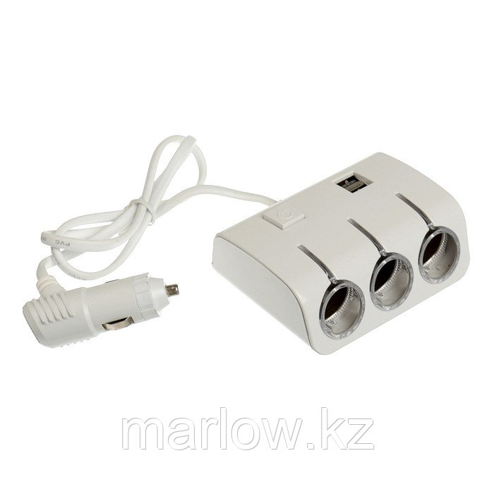 Разветвитель прикуривателя, 3 гнезда с подсветкой, 2 USB, 12/24 В, провод 70 см, белый - фото 1 - id-p111426244