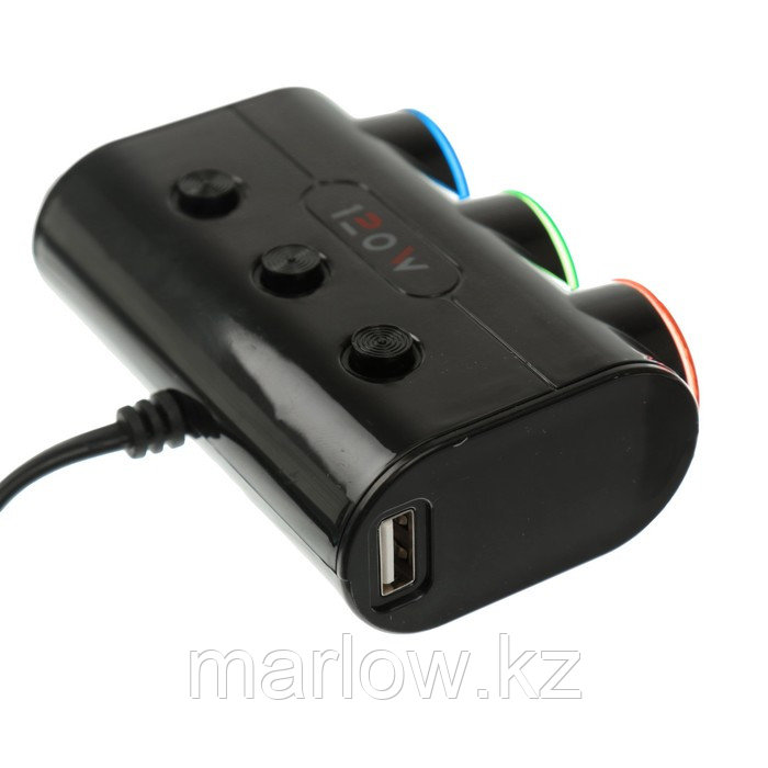 Разветвитель прикуривателя, 3 гнезда 2 USB с подсветкой, провод 60 см, черный - фото 3 - id-p111426253