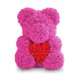 Мишка из роз в подарочной упаковке, ярко-розовый с красным сердцем