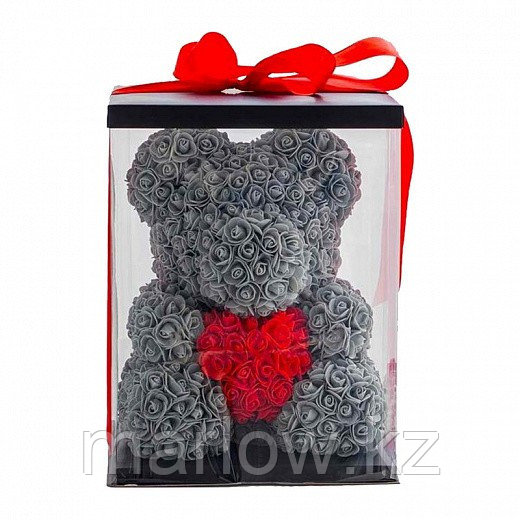 Мишка из роз в подарочной упаковке, серый с красным сердцем - фото 1 - id-p111421361