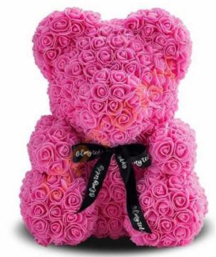 Мишка из роз с лентой в подарочной упаковке, ярко-розовый - фото 1 - id-p111421362