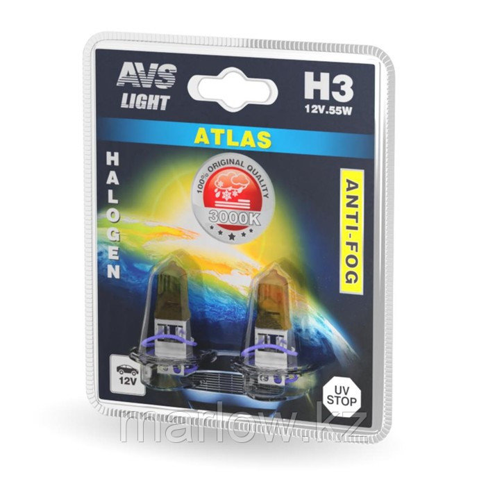 Лампа автомобильная AVS ATLAS ANTI-FOG, желтый, H3, 12 В, 55 Вт, набор 2 шт - фото 1 - id-p111428264