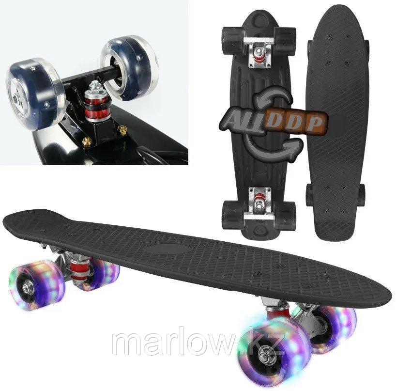 Пенни борд подростковый 56*15 Penny Board с гелевыми светящимися прозрачными колесами черный - фото 3 - id-p111425347