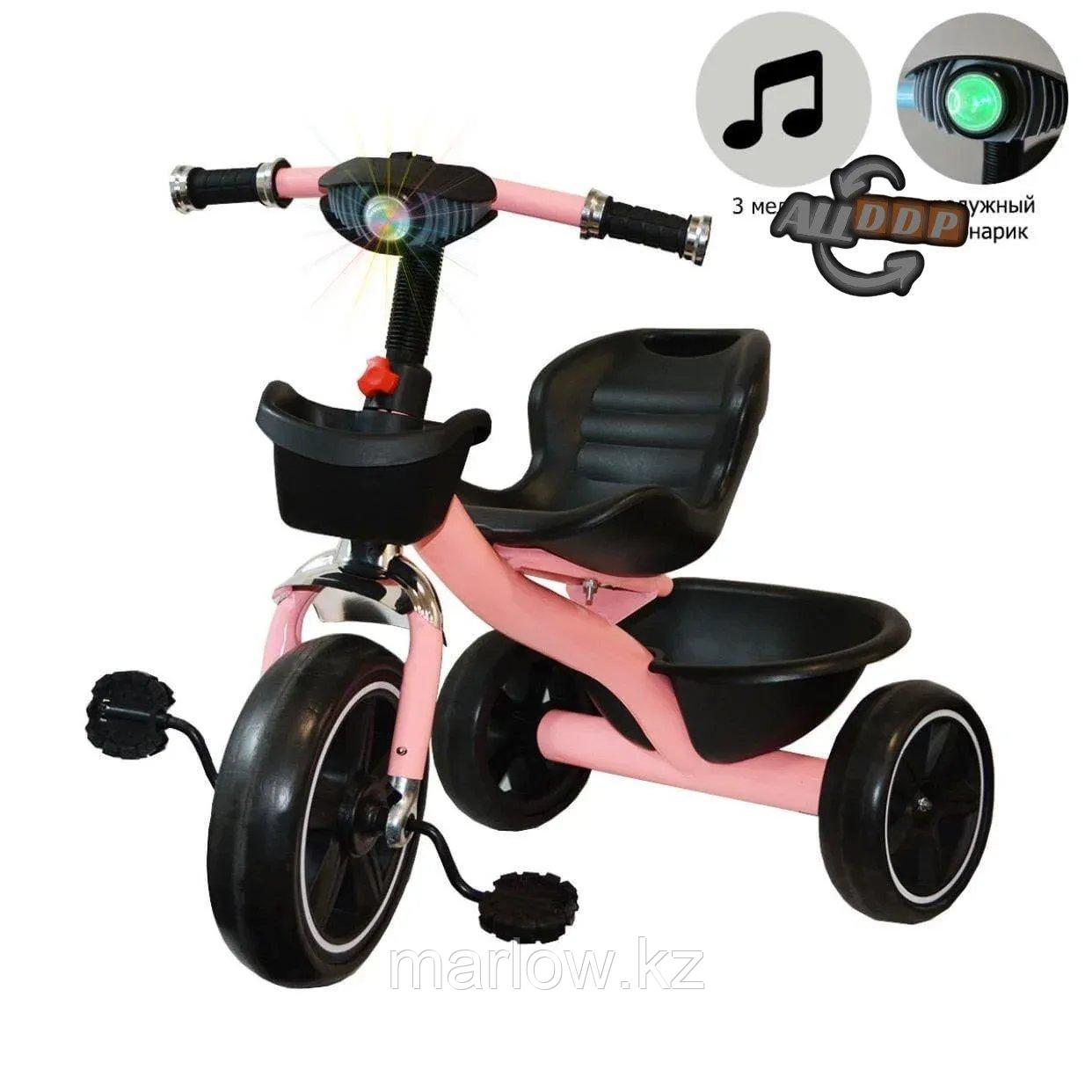 Трехколесный детский велосипед с led фонариком музыкальными эффектами багажником и корзинкой розовый - фото 1 - id-p111425389