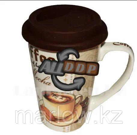 Кружка керамическая с силиконовой крышкой для кофе с кофейным принтом LCK-011 - фото 1 - id-p111425420