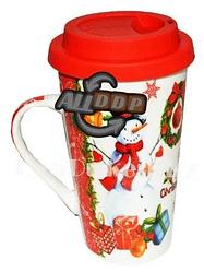 Кружка керамическая с силиконовой крышкой для кофе с новогодним принтом снеговик и подарки