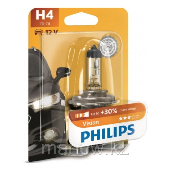 Лампа автомобильная Philips Vision +30%, H4, 12 В, 60/55 Вт, 12342PRB1 - фото 1 - id-p111428402