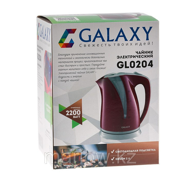 Чайник электрический Galaxy GL 0204, пластик, 2,0 л, 2200 Вт, подсветка, красный - фото 8 - id-p111435034