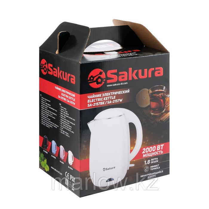 Чайник электрический Sakura SA-2157W, пластик, колба металл, 1.8 л, 2000 Вт, белый - фото 7 - id-p111435051