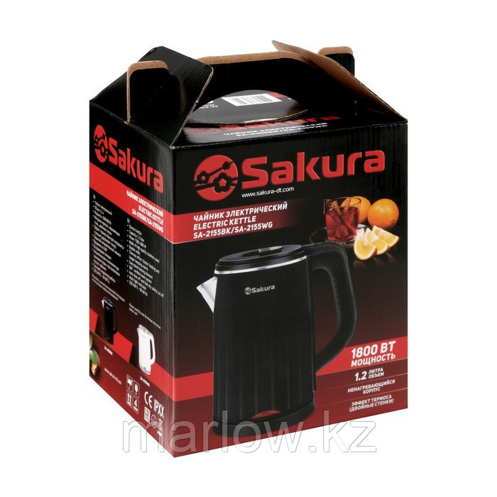 Чайник электрический Sakura SA-2155WG, пластик, колба металл, 1.2 л, 1500-1800 Вт, белый - фото 7 - id-p111435072