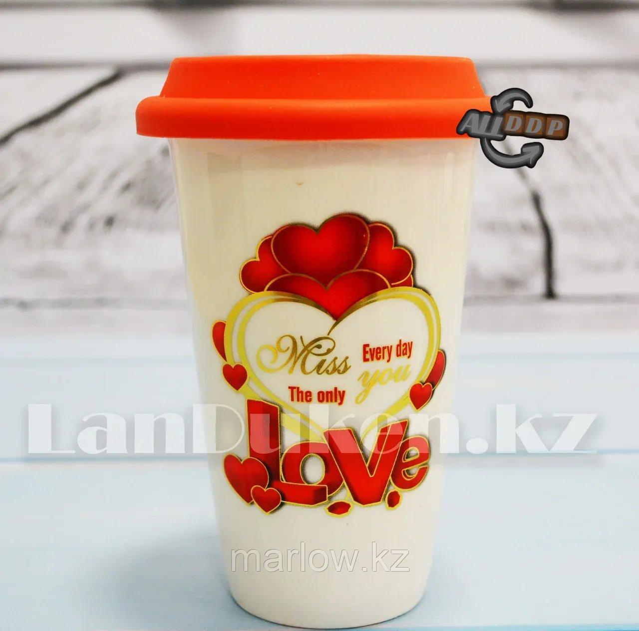 Кружка керамическая с силиконовой крышкой в подарочной упаковке Love Miss you (QF-563) - фото 2 - id-p111453732