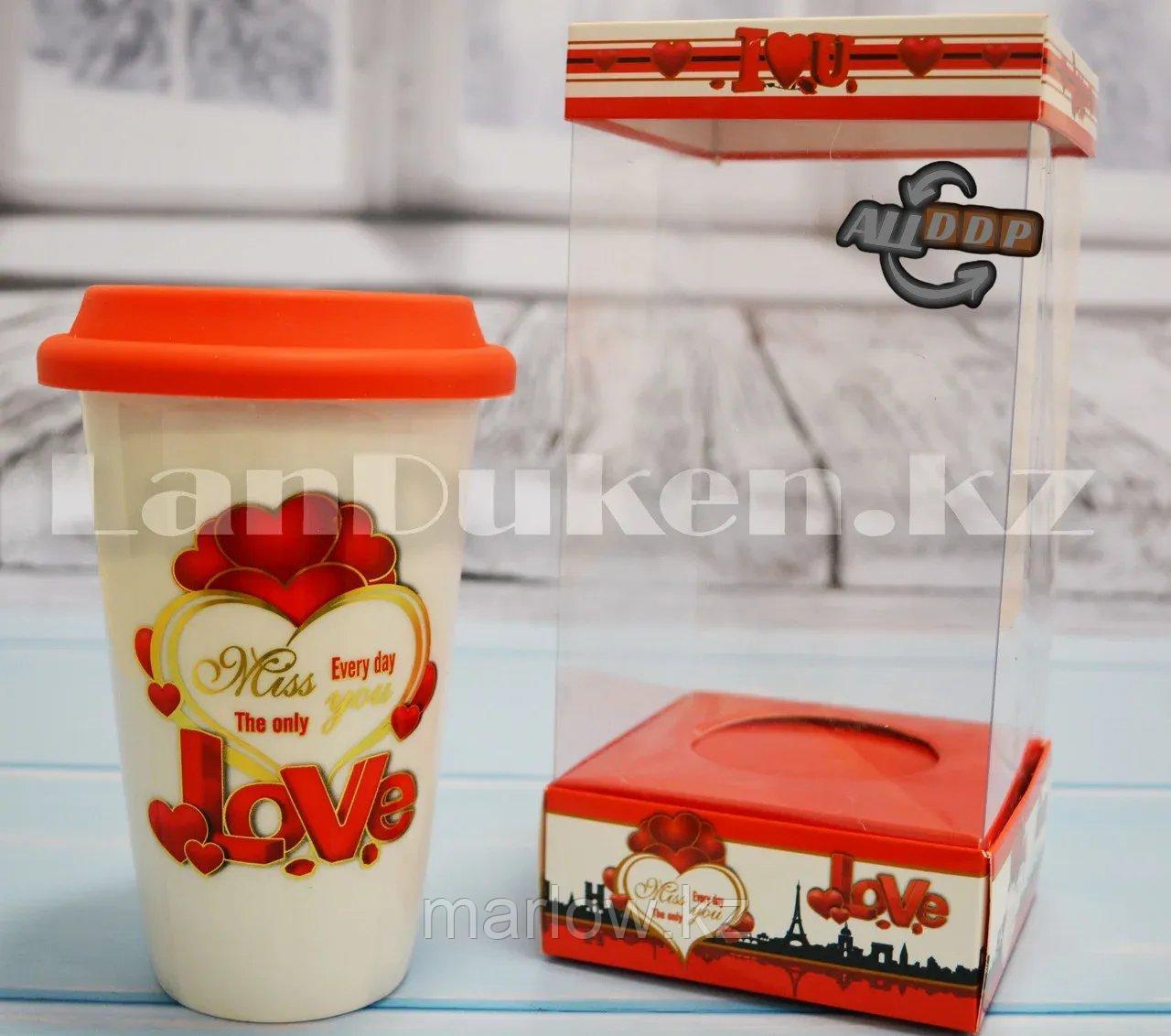 Кружка керамическая с силиконовой крышкой в подарочной упаковке Love Miss you (QF-563) - фото 5 - id-p111453732
