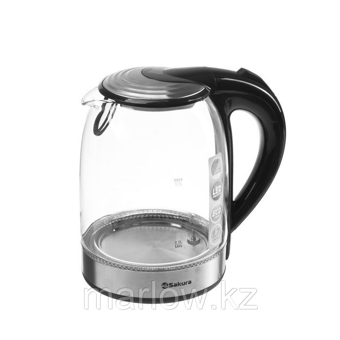 Чайник электрический Sakura SA-2724DBK, стекло, 1.7 л, 1850-2200Вт, регулировка t°, серебро - фото 2 - id-p111435172
