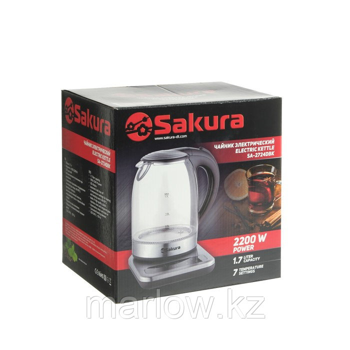 Чайник электрический Sakura SA-2724DBK, стекло, 1.7 л, 1850-2200Вт, регулировка t°, серебро - фото 8 - id-p111435172