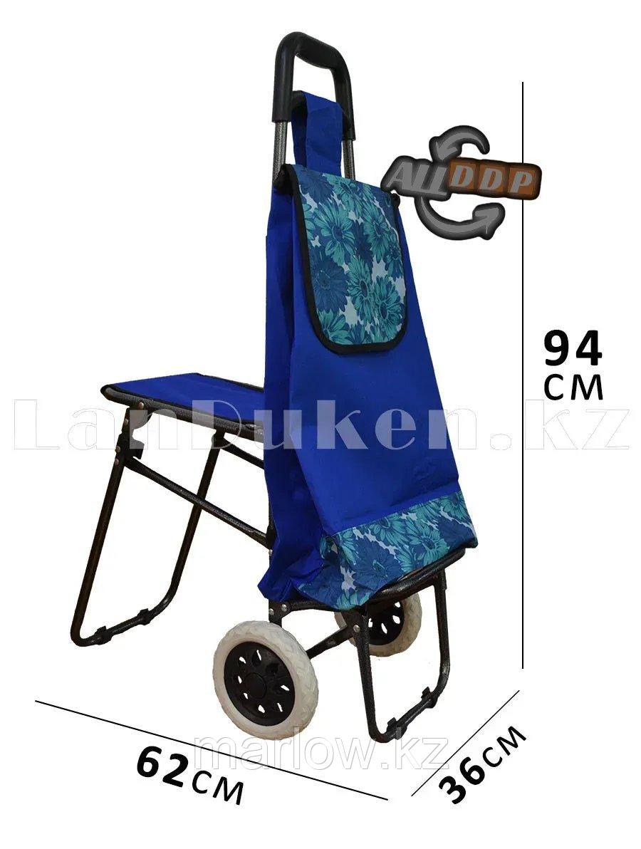 Складная сумка тележка + стульчик 2 в 1 на колесах синяя с принтом - фото 1 - id-p111453783