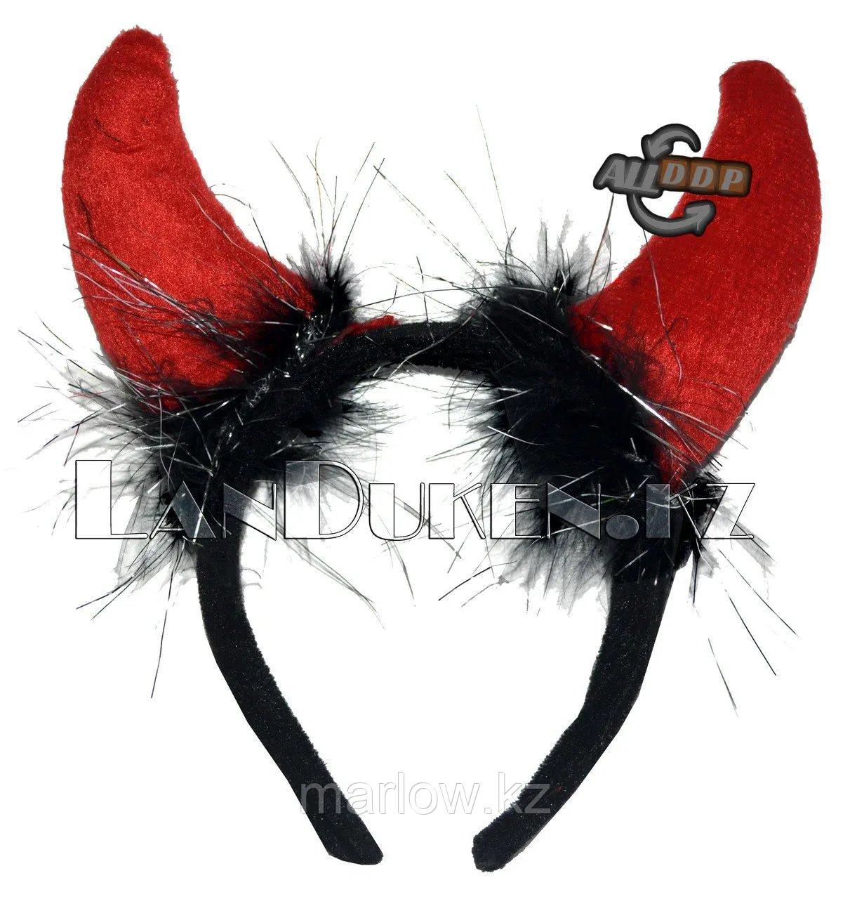 Рожки дьявола с черными перьями и мишурой на обруче (ободок для Хэллоуина) - фото 1 - id-p111453863