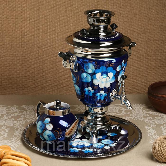 Набор «Жостово на синем», рюмка, 3 предмета, самовар 3 л, заварочный чайник 0,7 л, поднос - фото 2 - id-p111435301