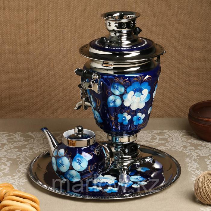 Набор «Жостово на синем», рюмка, 3 предмета, самовар 3 л, заварочный чайник 0,7 л, поднос - фото 3 - id-p111435301