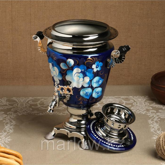 Набор «Жостово на синем», рюмка, 3 предмета, самовар 3 л, заварочный чайник 0,7 л, поднос - фото 4 - id-p111435301