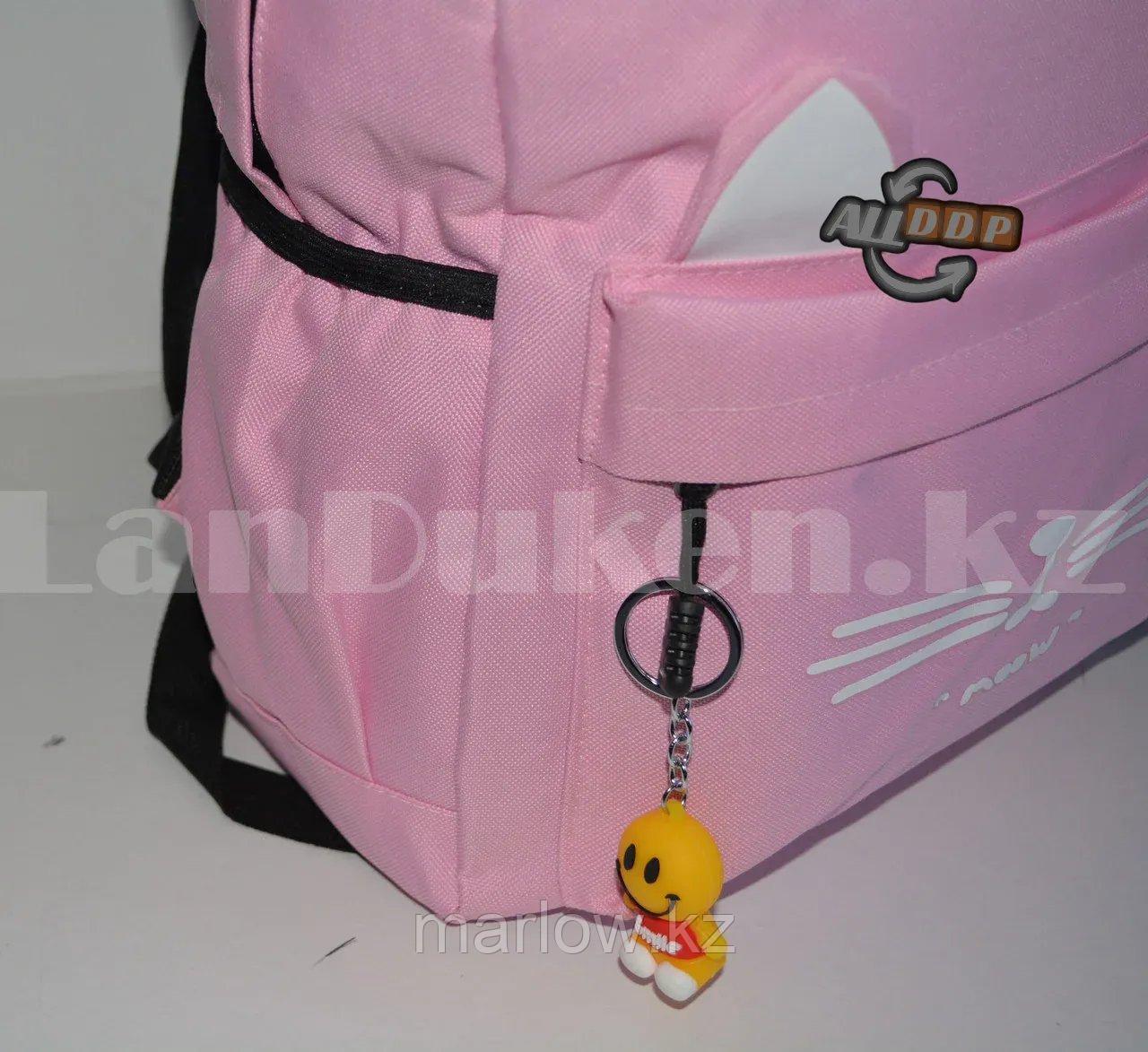 Универсальный школьный рюкзак с пеналом с ушками кошки и брелоком розовый - фото 5 - id-p111454018