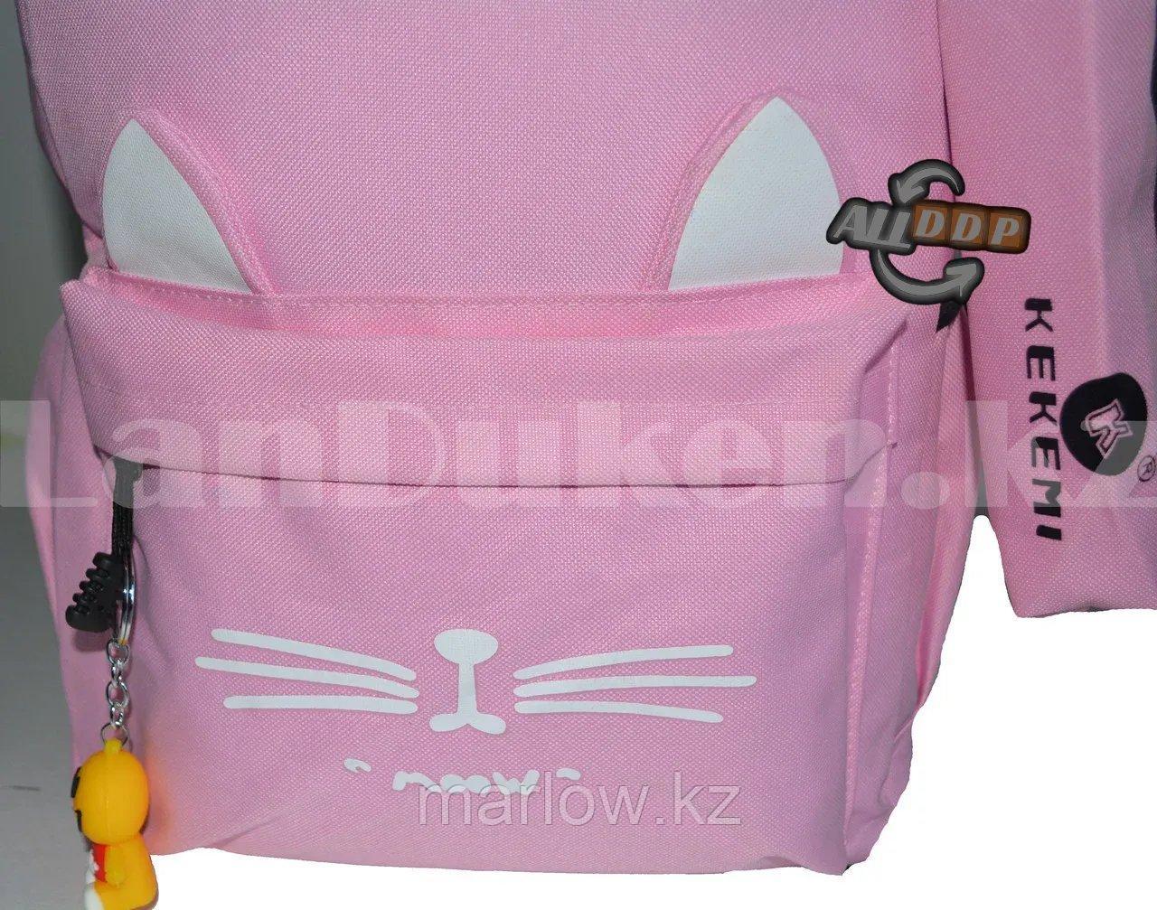 Универсальный школьный рюкзак с пеналом с ушками кошки и брелоком розовый - фото 8 - id-p111454018