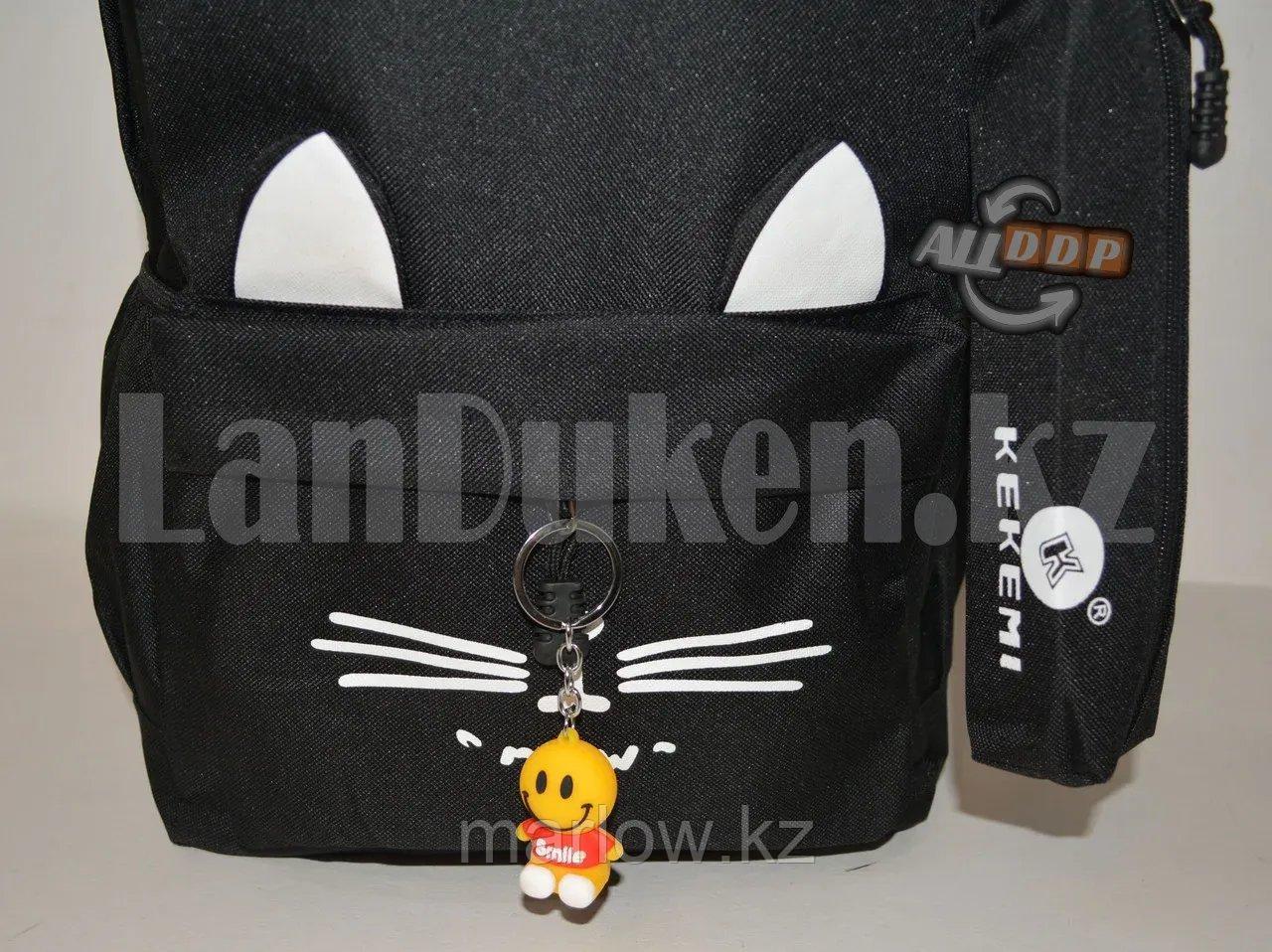 Универсальный школьный рюкзак с пеналом с ушками кошки и брелоком черный - фото 8 - id-p111454022