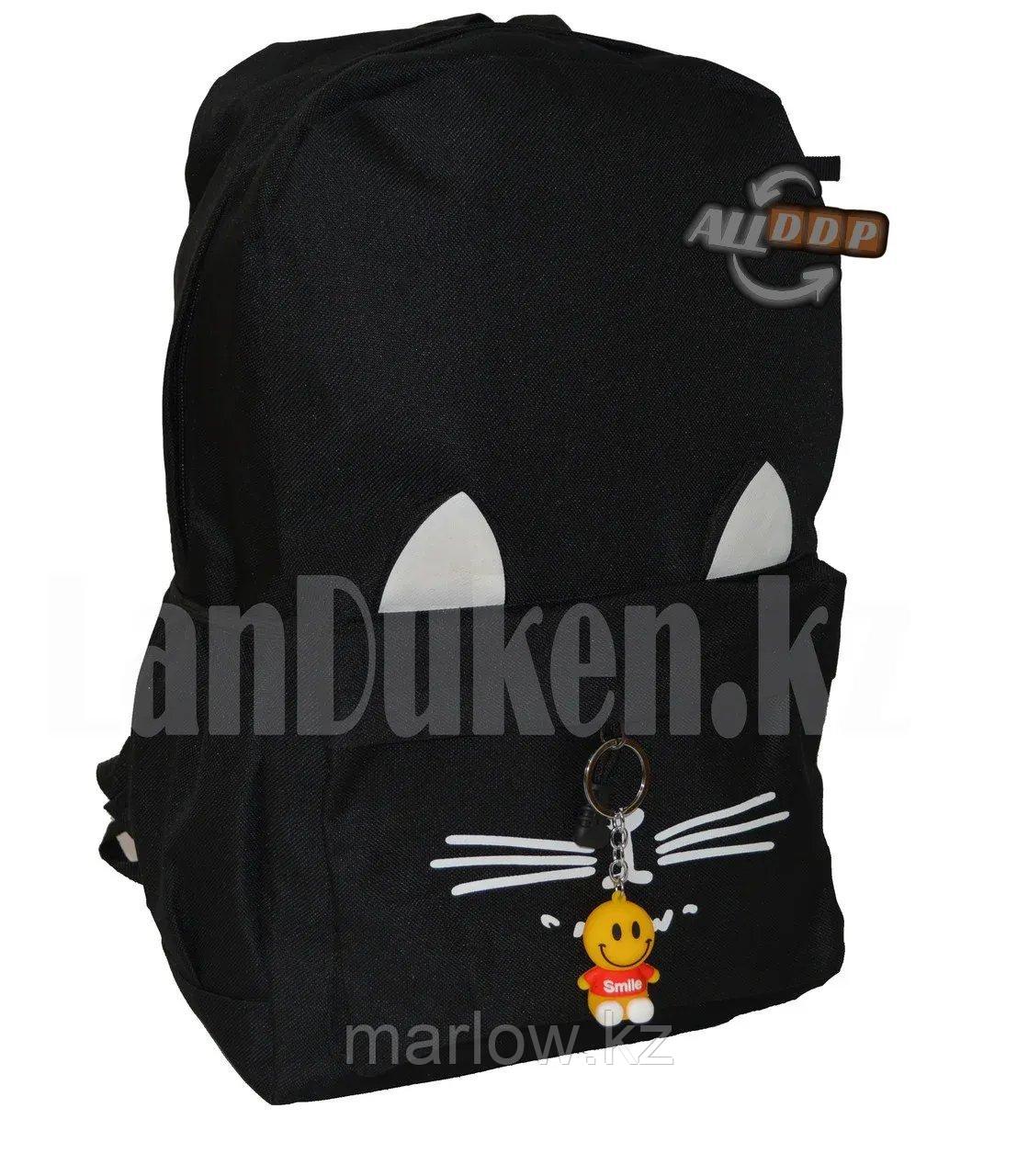 Универсальный школьный рюкзак с пеналом с ушками кошки и брелоком черный - фото 10 - id-p111454022