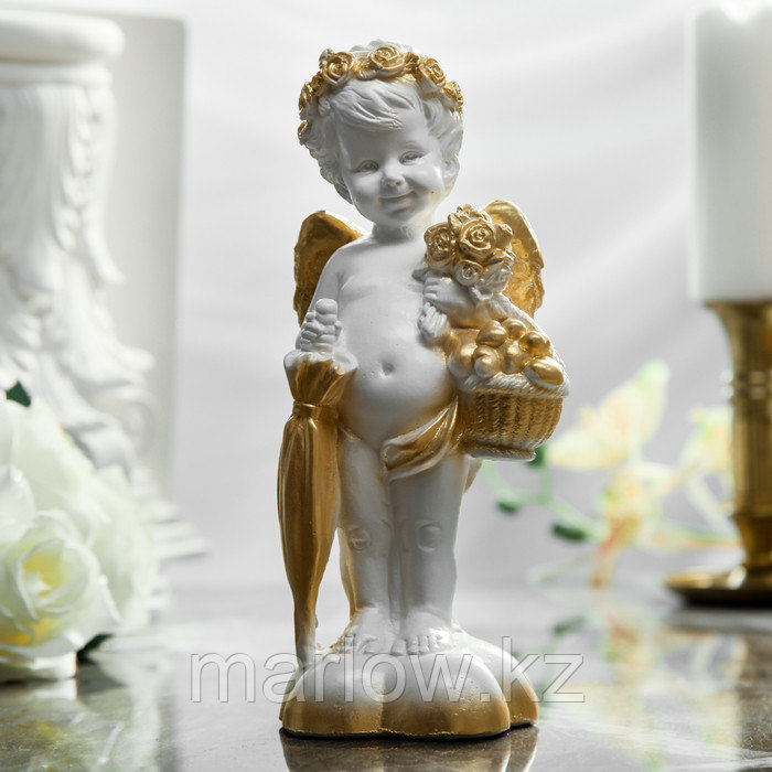 Статуэтка "Ангел с зонтиком", белый цвет, с золотистым декором, 23 см - фото 1 - id-p111438283