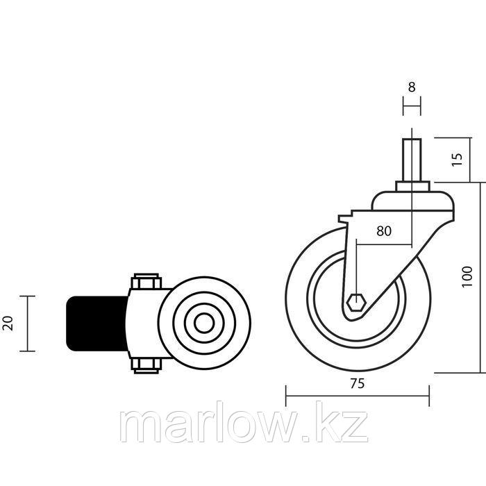 Колесо мебельное, d=75 мм, с футоркой, с фиксатором, серое - фото 2 - id-p111463187