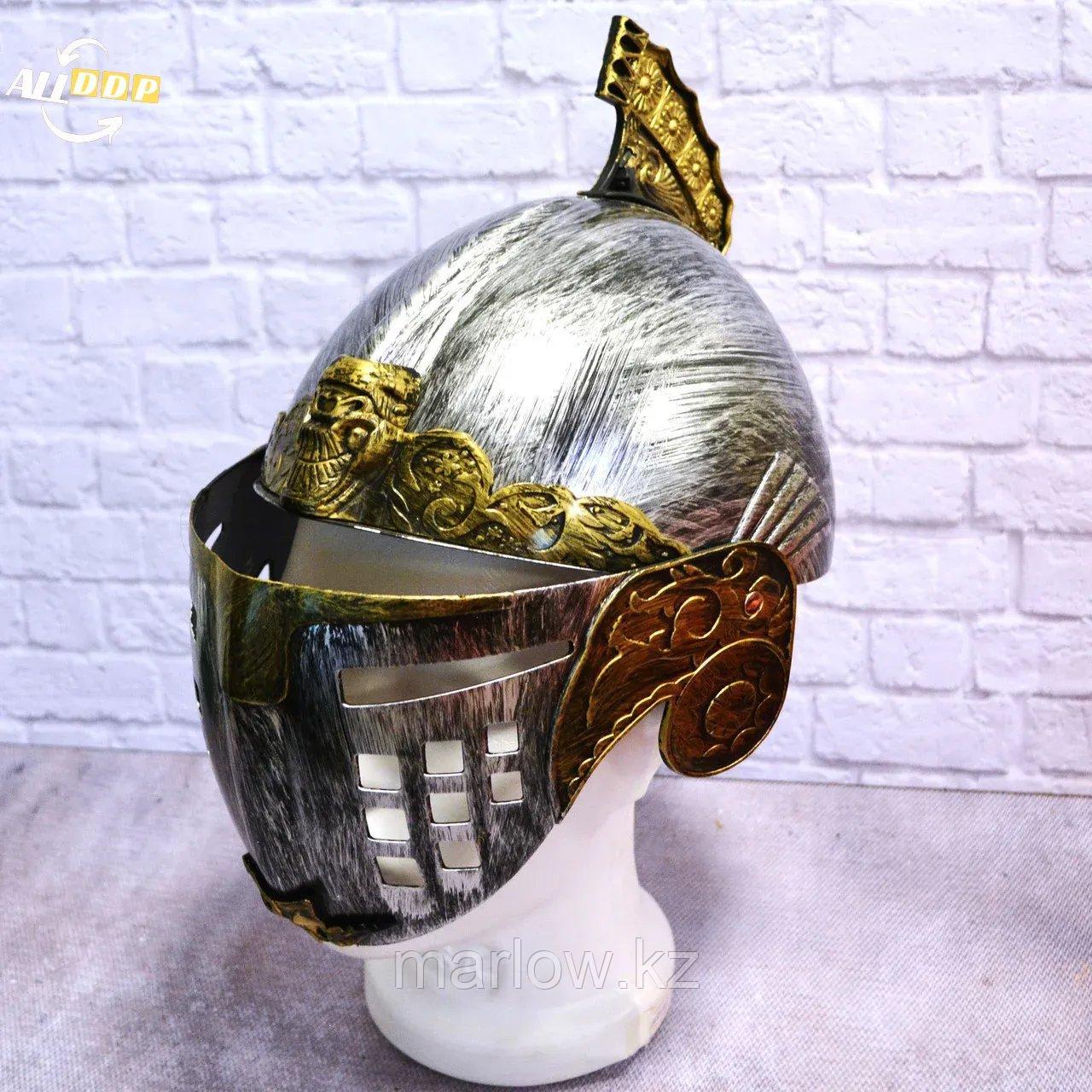 Рыцарский шлем с подвижным подъемным забралом бутафория серебристый с медными вставками - фото 1 - id-p111460214