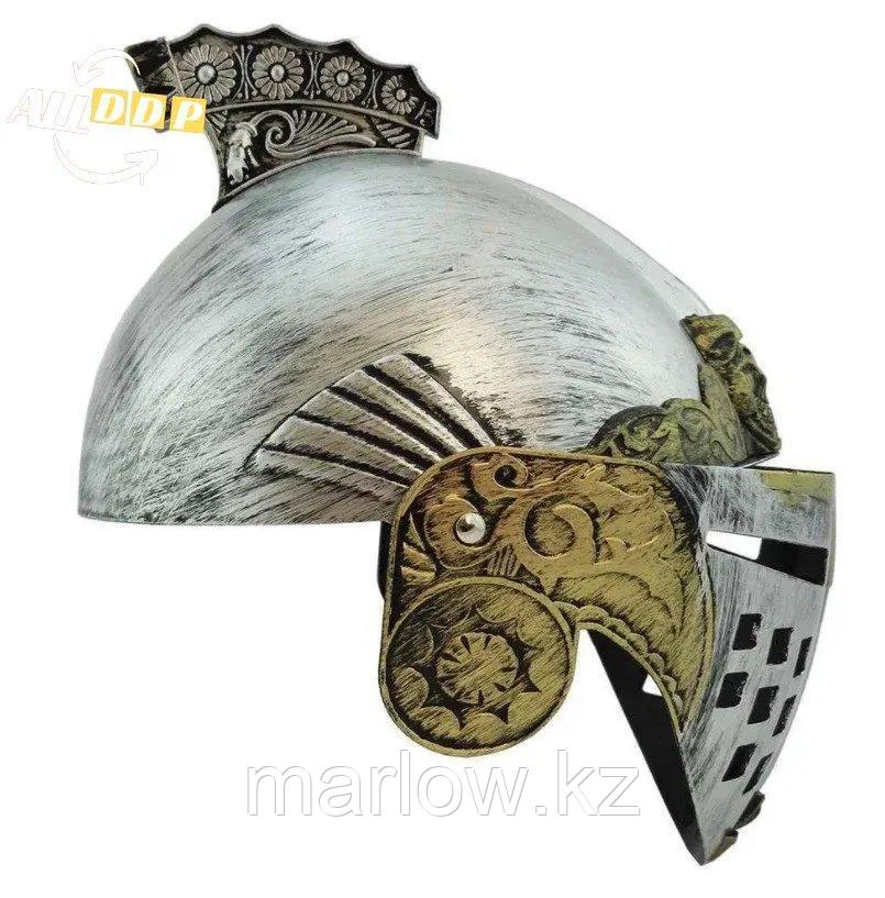 Рыцарский шлем с подвижным подъемным забралом бутафория серебристый с медными вставками - фото 3 - id-p111460214