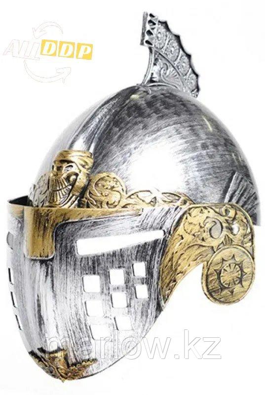 Рыцарский шлем с подвижным подъемным забралом бутафория серебристый с медными вставками - фото 4 - id-p111460214