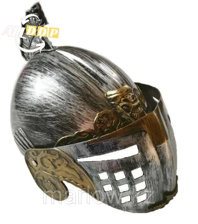 Рыцарский шлем с подвижным подъемным забралом бутафория серебристый с медными вставками - фото 6 - id-p111460214