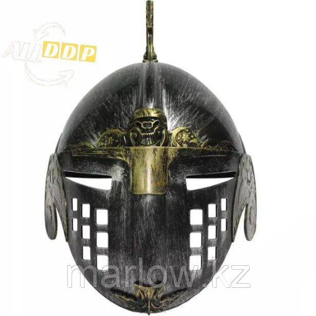 Рыцарский шлем с подвижным подъемным забралом бутафория серебристый с медными вставками - фото 7 - id-p111460214