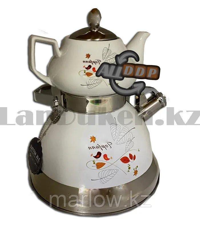 Набор чайный двойной чайник для кипячения воды со свистком и заварочный чайник с ситом керамика Осенние листки - фото 7 - id-p111453287