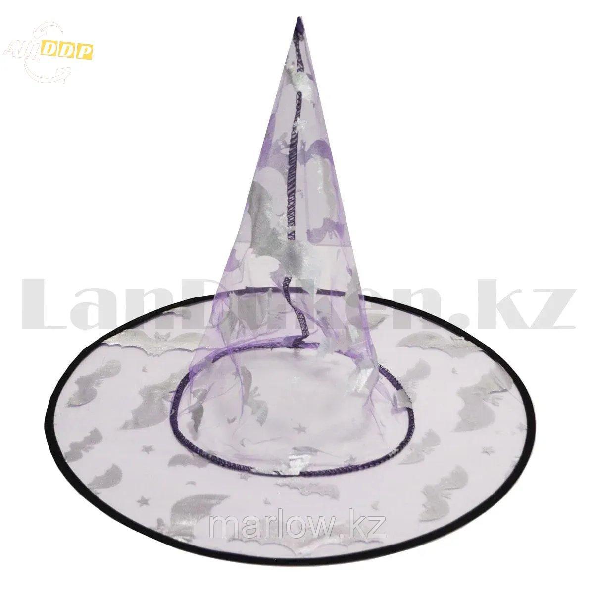 Шляпа ведьмы на Хэллоуин (Halloween) полупрозрачная фиолетовая с серебристым рисунком (высота 34 см) - фото 1 - id-p111460240