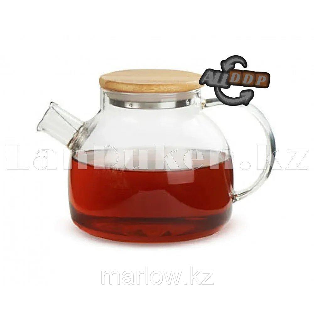 Чайник заварочный стеклянный с ситом на носике и деревянной крышкой 1 L для чая и кофе - фото 5 - id-p111453358