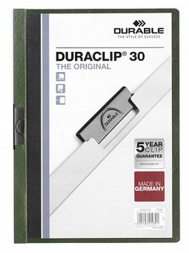 Папка пластиковая "Durable", 30л, А4, стальной клип, серия "Duraclip", тёмно-зелёная