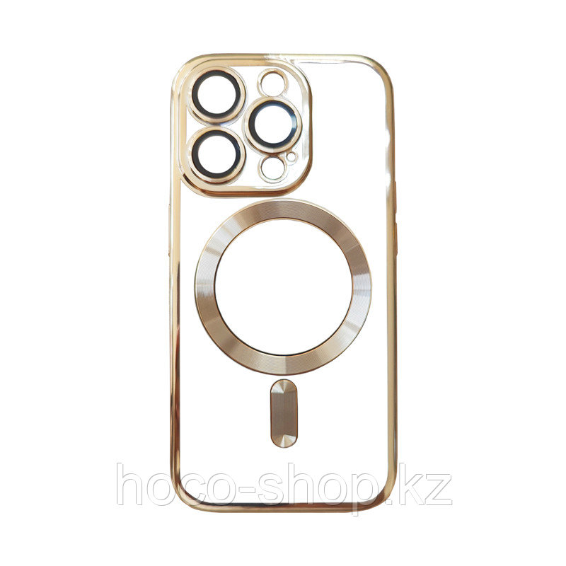 Чехол на iPhone 15 Pro с MagSafe прозрачный с золотистой окантовкой, фото 1