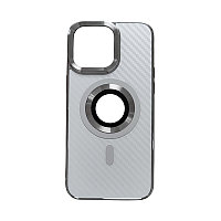 Чехол на iPhone 15 Pro Max с MagSafe под карбон серебряного