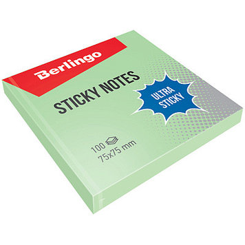 Бумага для заметок "Berlingo Ultra Sticky", 75x75мм, 100л, зелёная, клеевой край, в пакете