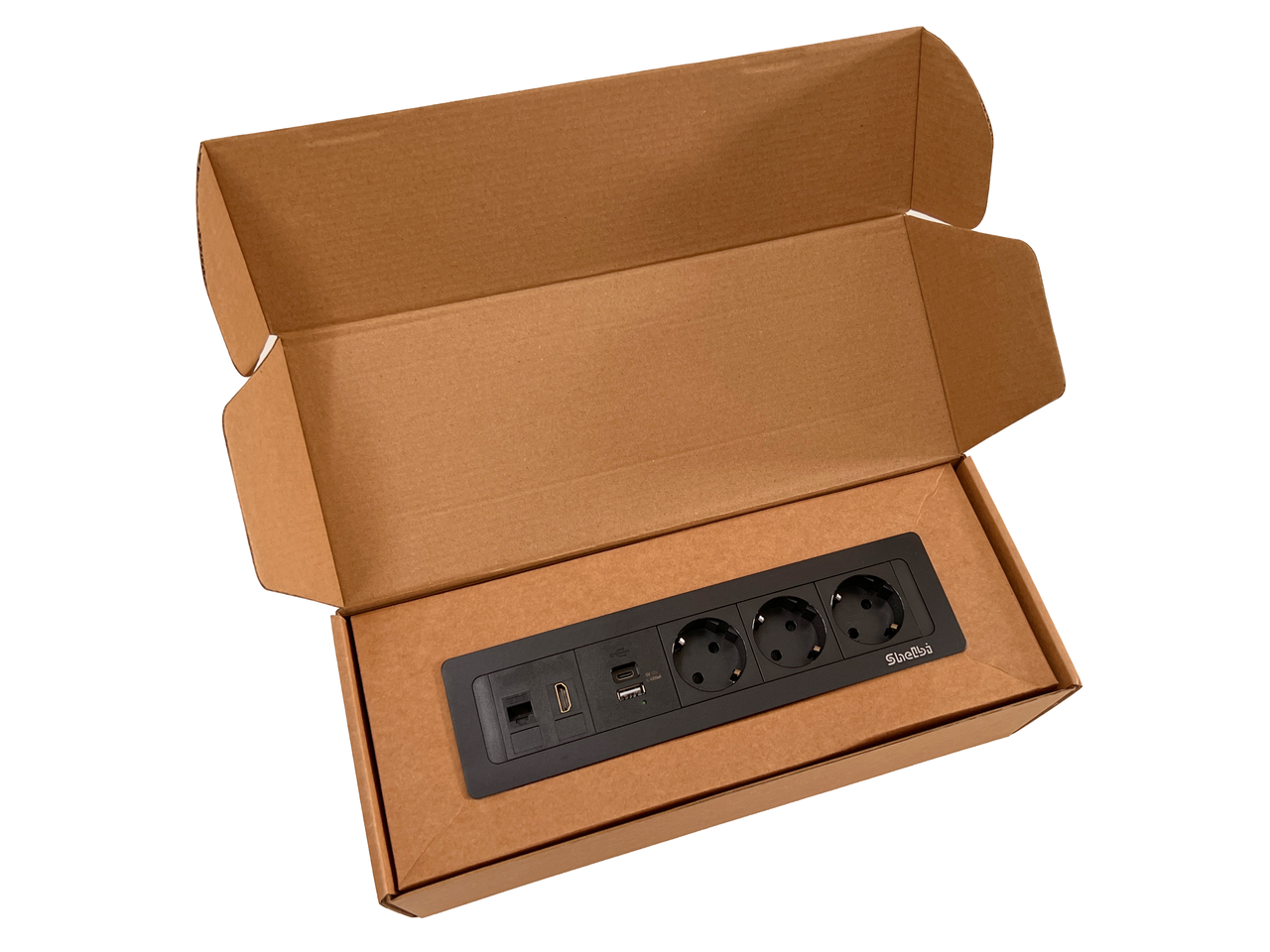 Shelbi Настольный встраиваемый блок на 3 розетки 200B, USB, Type-C, RJ45, HDMI, чёрный - фото 8 - id-p111646482