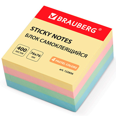 Бумага для заметок "Brauberg", 76x76мм, 400л, 4 пастельных цвета, клеевой край, в плёнке - фото 1 - id-p111650050