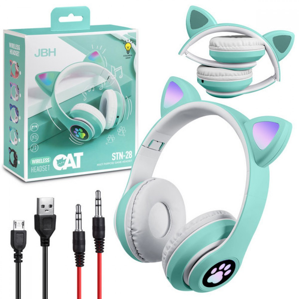 Беспроводные наушники стерео Bluetooth с микрофоном LED подсветкой складные Cat Ears мятного цвета