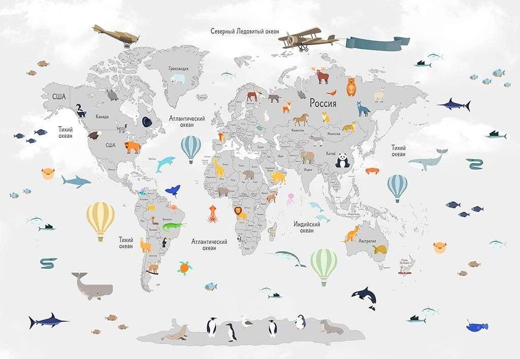 Светлая карта мира с животными 14-284 - фото 2 - id-p111671928