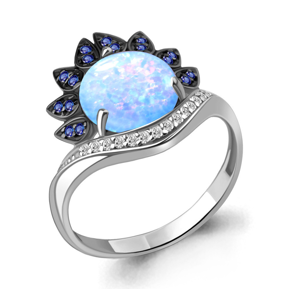 Серебряное кольцо  Опал блед-голуб  Наносапфир  Фианит Aquamarine 6599897Б.5 покрыто  родием коллекц. Флёр