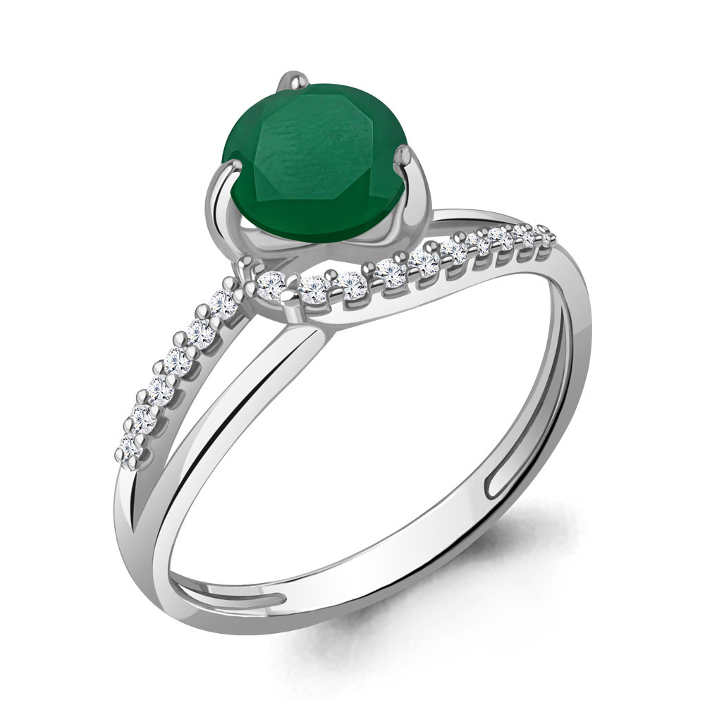Серебряное кольцо Агат зеленый Фианит Aquamarine 6541209А.5 покрыто родием - фото 1 - id-p62993784